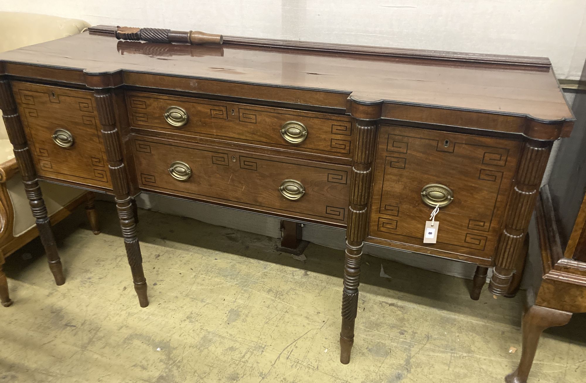 A George IV Scottish ebony strung mahogany sideboard, width 180cm depth 64cm height 96cm